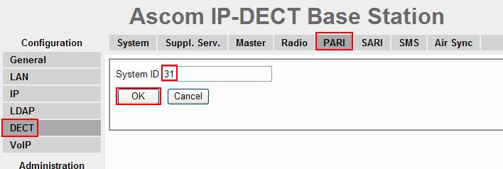 Navigate to the DECT PARI frame by clicking DECT and then clicking PARI.