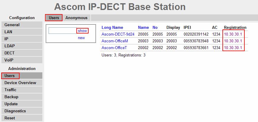 and then clicking show. A Registration state of Pending indicates an Ascom wireless DECT Handset has not registered to the Ascom wireless IP-DECT Base Station.