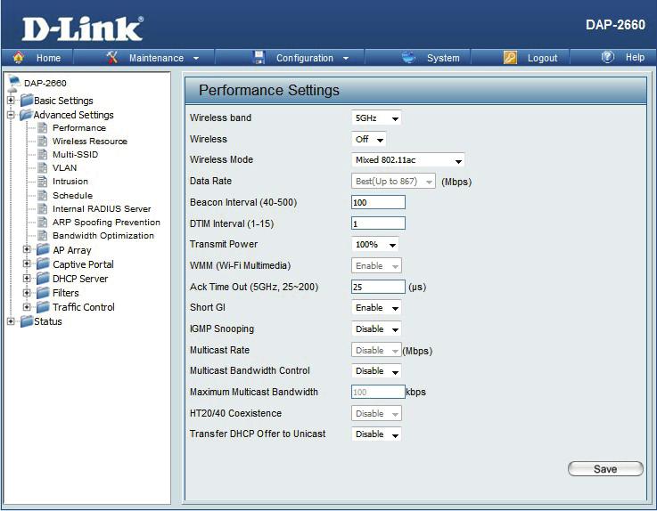 Advanced Settings In the Advanced Settings Section the user can configure advanced settings concerning Performance, Multiple SSID, VLAN, Security, Quality of