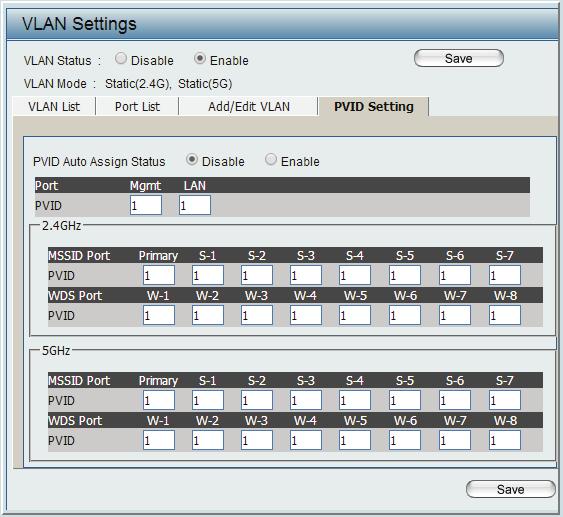 PVID Settings The PVID Setting tab is used to enable/disable the Port VLAN Identifier Auto Assign Status as well as to configure various types of PVID settings.