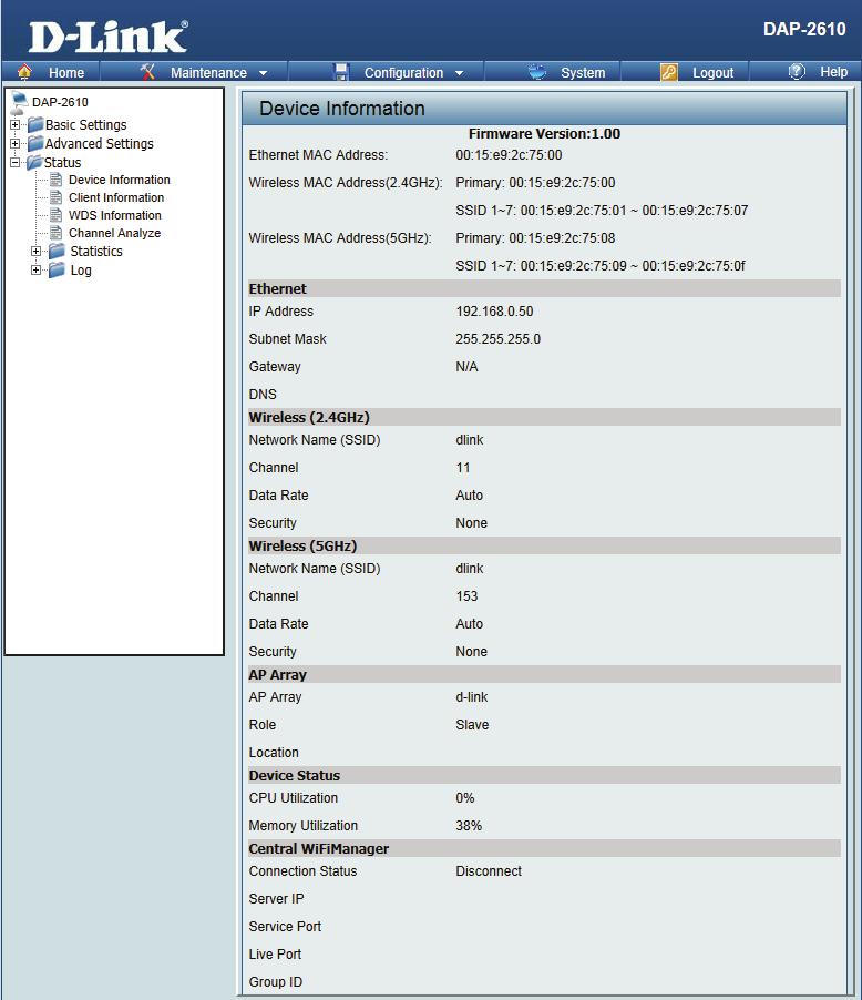 Device Information This page displays the current information like firmware version, Ethernet and wireless parameters, as well as the information regarding CPU and memory