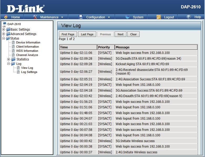 Log View Log The AP s embedded memory holds logs here.