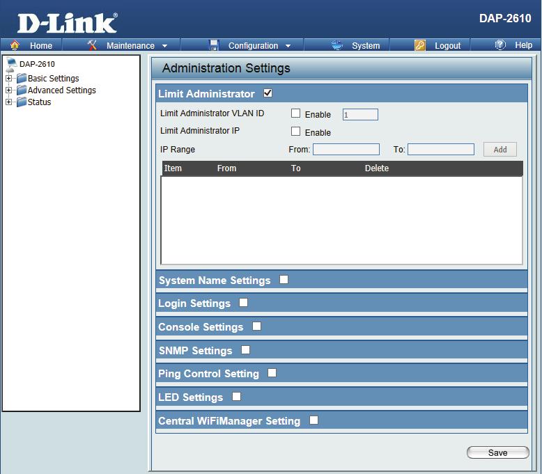 Administration Check one or more of the five main categories to display the various hidden administrator parameters and settings displayed on the next five pages.