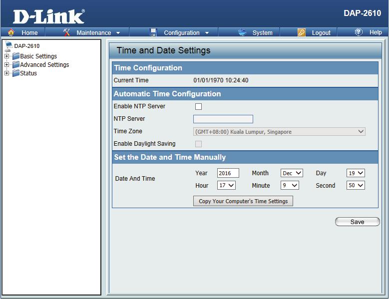Time and Date Settings Enter the NTP server IP, choose the time zone, and enable or disable daylight saving time.
