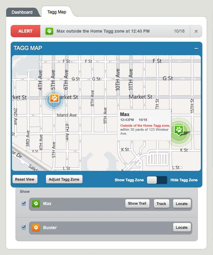 TAGG DASHBOARD AND MAP OVERVIEW Tagg Map You ll use the Tagg map to locate and track your pet. This section gives you a quick overview of the map.