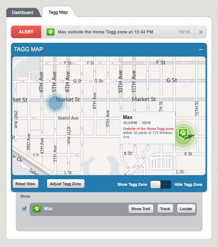 HOW TO READ YOUR TAGG MAP Outside the Tagg Zone When your dog (we ll call him Max) leaves the Tagg zone, the system sends an alert to your Tagg account.