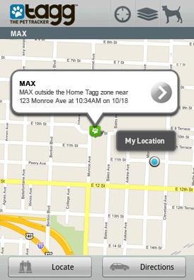 TAGG MOBILE FEATURES Map To get to the Tagg map from the dashboard screen, tap on your pet s last known location, or tap (Android), or the Map button (iphone) in the top right corner.