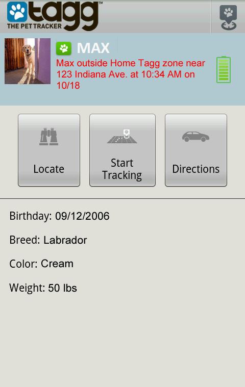 TAGG MOBILE FEATURES Pet Profile To view the pet profile page, tap on the map, and then tap on the arrow in