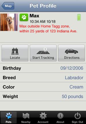 The pet profile page will display your pet's information and current location.