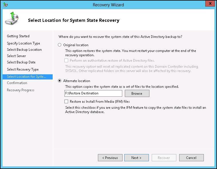 10. On the Confirmation page, review the details, and then click Recover to restore the specified