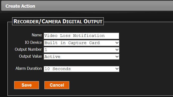 Output Number - Select the output you want to trigger. We will use 1. Output Value - Active/Inactive. We will use Active Alarm Duration - How long the alarm will last.