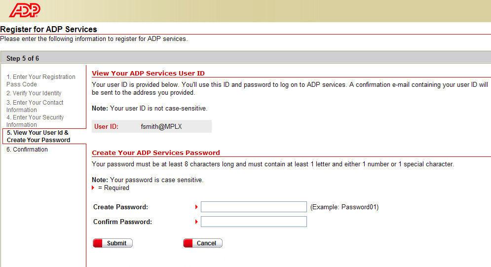 8. Your user ID is displayed. Create your password and click Submit.