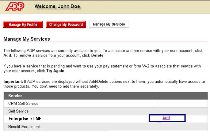 2. On the Manage My Services page, click Add, for the service you