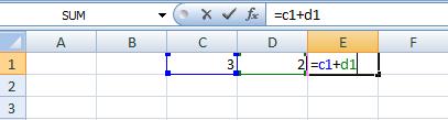 C1 contains the value of 3, D1 contains the value of 2, and E1 has the