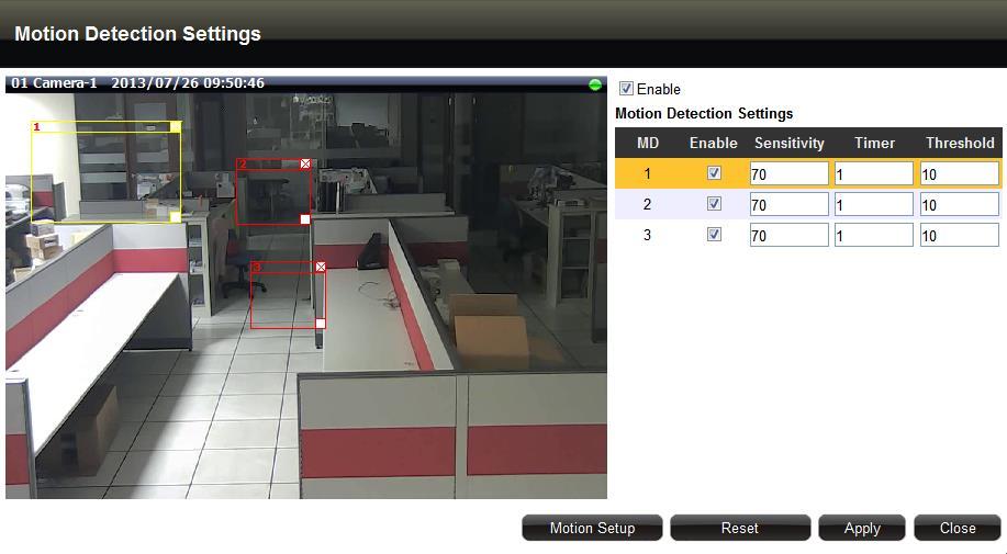 (B) Motion Settings After selecting the camera from All Cameras list, click Motion Detection.