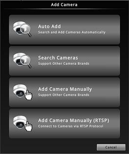 A B C V D V Add Cameras Click Add. There are four methods you can use to add cameras: (A) Click Auto Add to let NVR add the channels automatically.