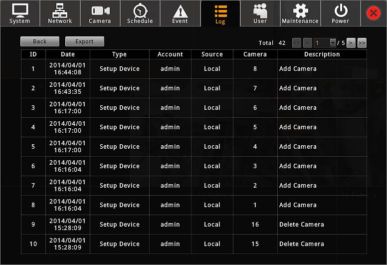 Export System Log To export the logs, insert a USB disk into NVR, click Export and save the xml