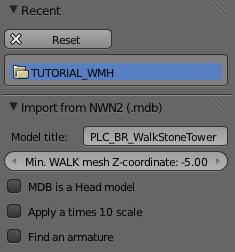 Importing the Walk Mesh Helper Import from NWN2 (.mdb) Since I have already imported a model from the working directory, there is an entry in the Recent panel along the left side.