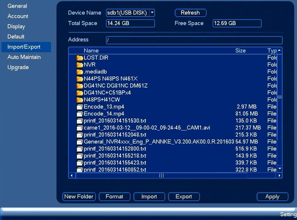 Figure 4-73 Export: Please connect the peripheral device first and then go to the following interface. Click Export button, you can see there is a corresponding Config_Time folder.