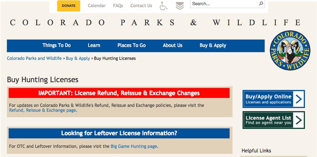 2 Select FISHING LICENSES or HUNTING LICENSES under the Licenses option in the dropdown
