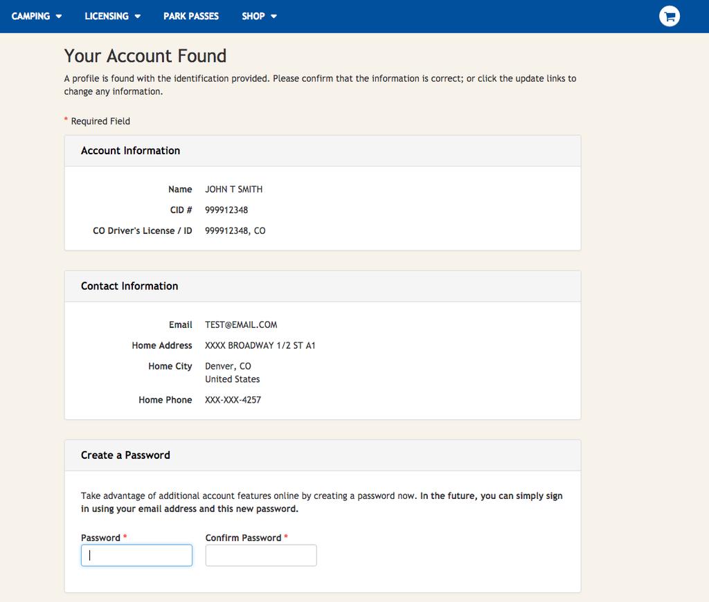 6 The system will pull up your existing account information and take you to the YOUR ACCOUNT FOUND page.