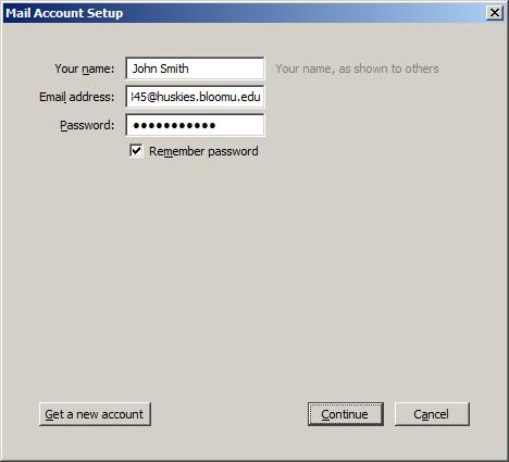 In the Mail Account Setup window, type in your name, full email address, and current password.