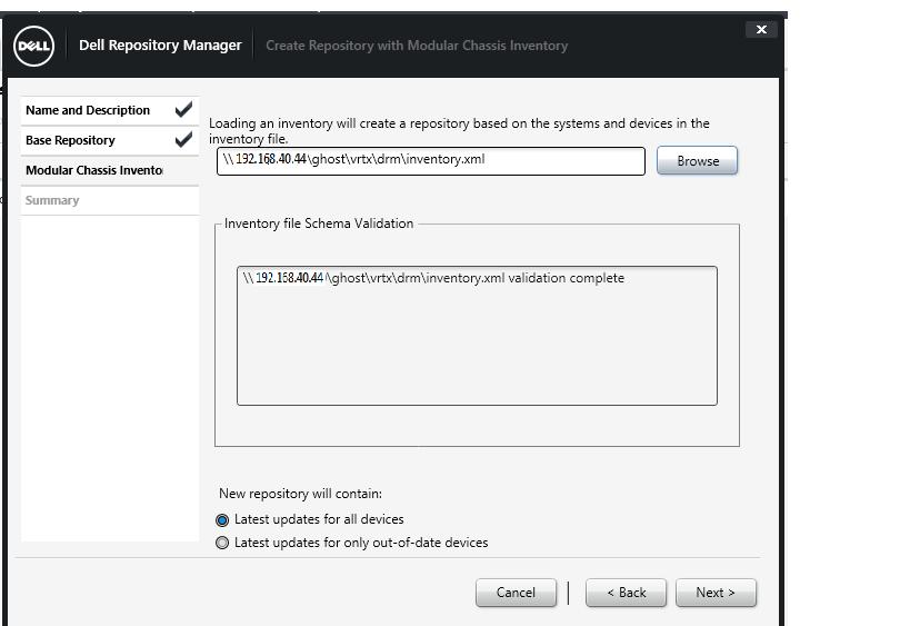 Figure 5 Provide VRTX inventory file for repository creation.