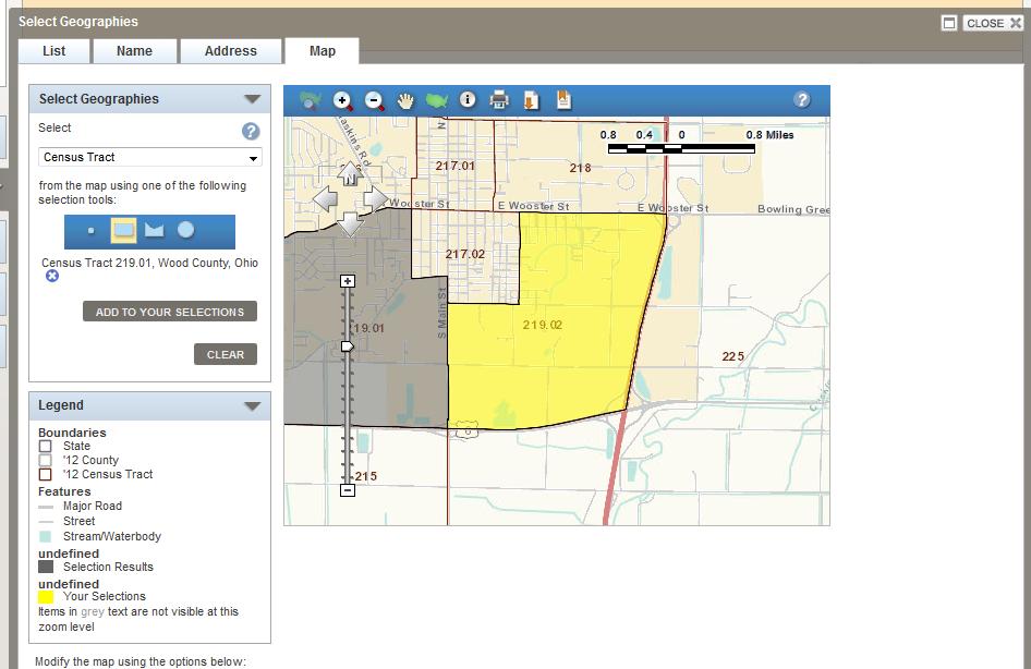 Use one of the selection tools in the blue rectangle to select another Census Tract.