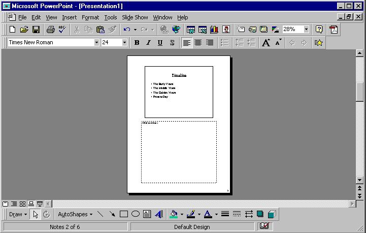 Notes Page View allows the speaker to create notes to use during a presentation. Each page corresponds to one slide.