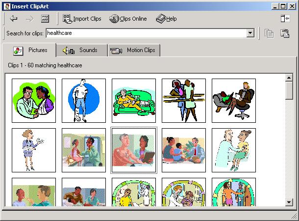 Inserting Clip Art Once you find the image you would like to insert: 1. Click on that image and a rectangular box will appear with 4 icons. 2. To insert the image click on the first icon (Insert). 3.