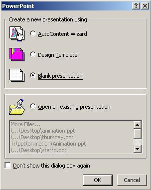 When you first open PowerPoint, the dialog box presents four ways to create a presentation: AutoContent wizard creates a sample presentation for a variety of topics.
