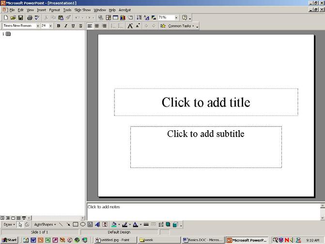 Designing the Title Slide 1. In the New Slide dialog box, click the upper-left page layout that shows two lines of text in the box and click OK.