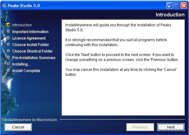 3. Auto-run should automatically load the installation software. If it does not, find the CD-ROM drive and open it to access the disc. Click on the PEAKS_Studio_Installation.exe. 4.
