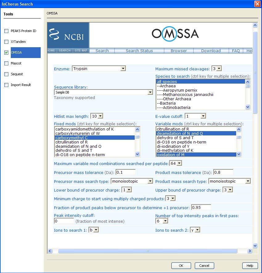 Finally, check the OMSSA box and select the name. Enter the following settings: Click the Ok button.