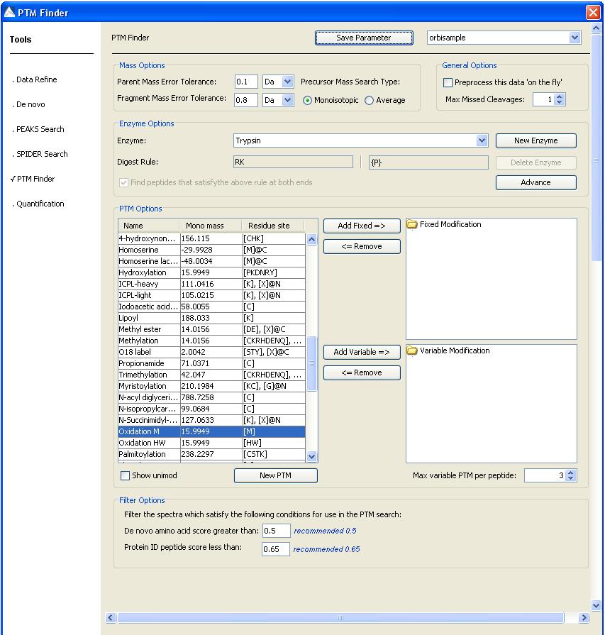 Chapter 9 9. PTM Finder 9.1 Setting up PTM Finder Parameters 1) Select a Protein ID results file to perform a PTM finder search on.