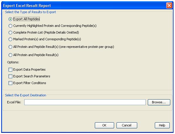 The following window will appear: If you would like to export all of the protein and peptide results select the All Protein and Peptide Result(s), otherwise select