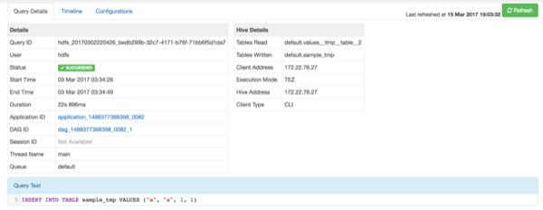 Figure 11.4. Details for a Successful Query with Links to Application and DAG Windows Total Timeline View Click the Timeline tab to get a visual representation of Hive performance logs.