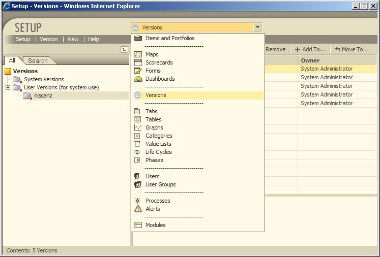 B. Setup module Versions are selectable from the Setup module s main drop-down menu. Note the Versions home folder icon - C.