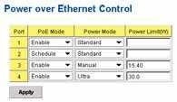 Easy PoE Configuration The four PoE ports can be configured to enable, disable, or schedule PoE function by the web interface. The Power mode provides Standard mode for IEEE 802.
