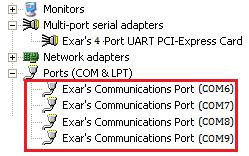 20. After all COM port driver installation is done successfully, you can find four Exar s Communications