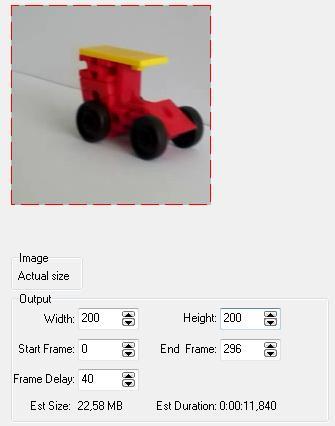 Changing the size of the output image is possible by: Resizing the video moving the red dotted rectangle, Entering new values for Width and Height under Image Actual Size Output: The output image is