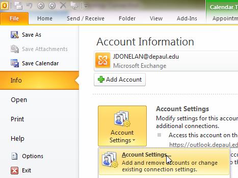 In Outlook 200: In the orange File ribbon tab, click Info, then Account Settings, and Account