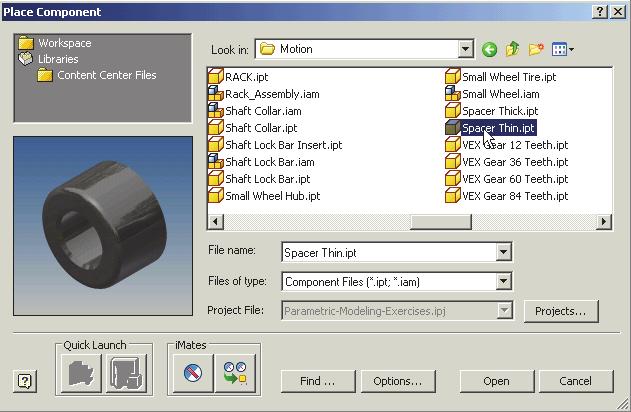 Select the Spacer Thin part in the list window. Click on the Open button to retrieve the model. 3.