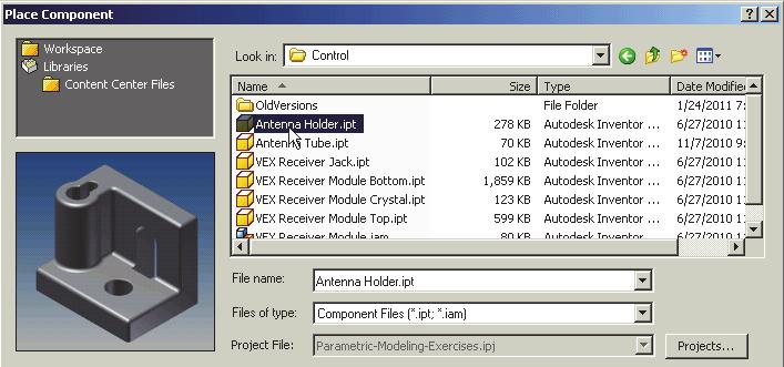 Select the Antenna Holder part in the list window. Click on the Open button to retrieve the model. 3.