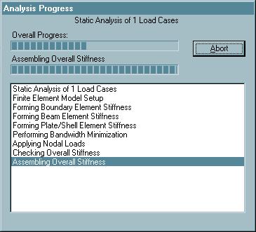 The Analysis Progress window lists the steps VisualAnalysis goes through to get results for the structure.