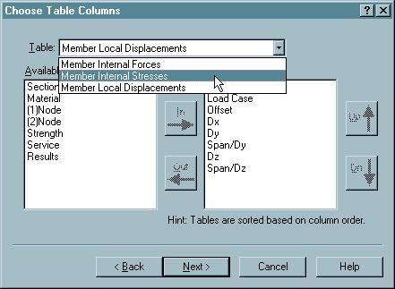 Select Member Internal Forces, Member Internal Stresses, and Member Local Displacements from the Available items box and click to add them to the Reported items.