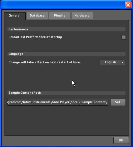 The Options/Preferences window s General tab holds an option that allows you to point KORE 2 to its Sample Content folder again after this has been moved. 4.