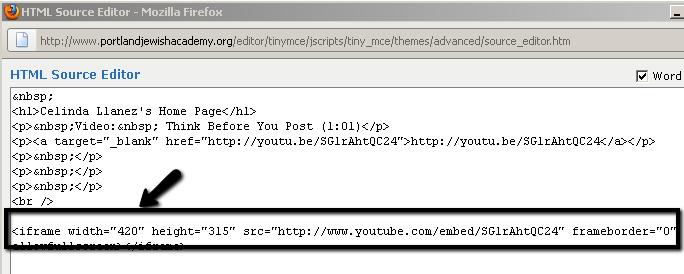 Embed a Youtube Video or Other Video Online, Continued: >HTML source editor screen will appear. Make sure your cursor is below the text you would like your video to appear.
