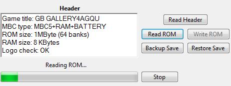 Read the ROM You can now press the Read ROM button to download the ROM from the cartridge to your PC, it will be saved as <Gametitle>.gb or <Gametitle>.gba.