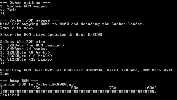 Sachen ROM Mapper support You can use the Other options in console program to select ROMs to dump within a Sachen cart; the ROMs will be dumped into their own file.